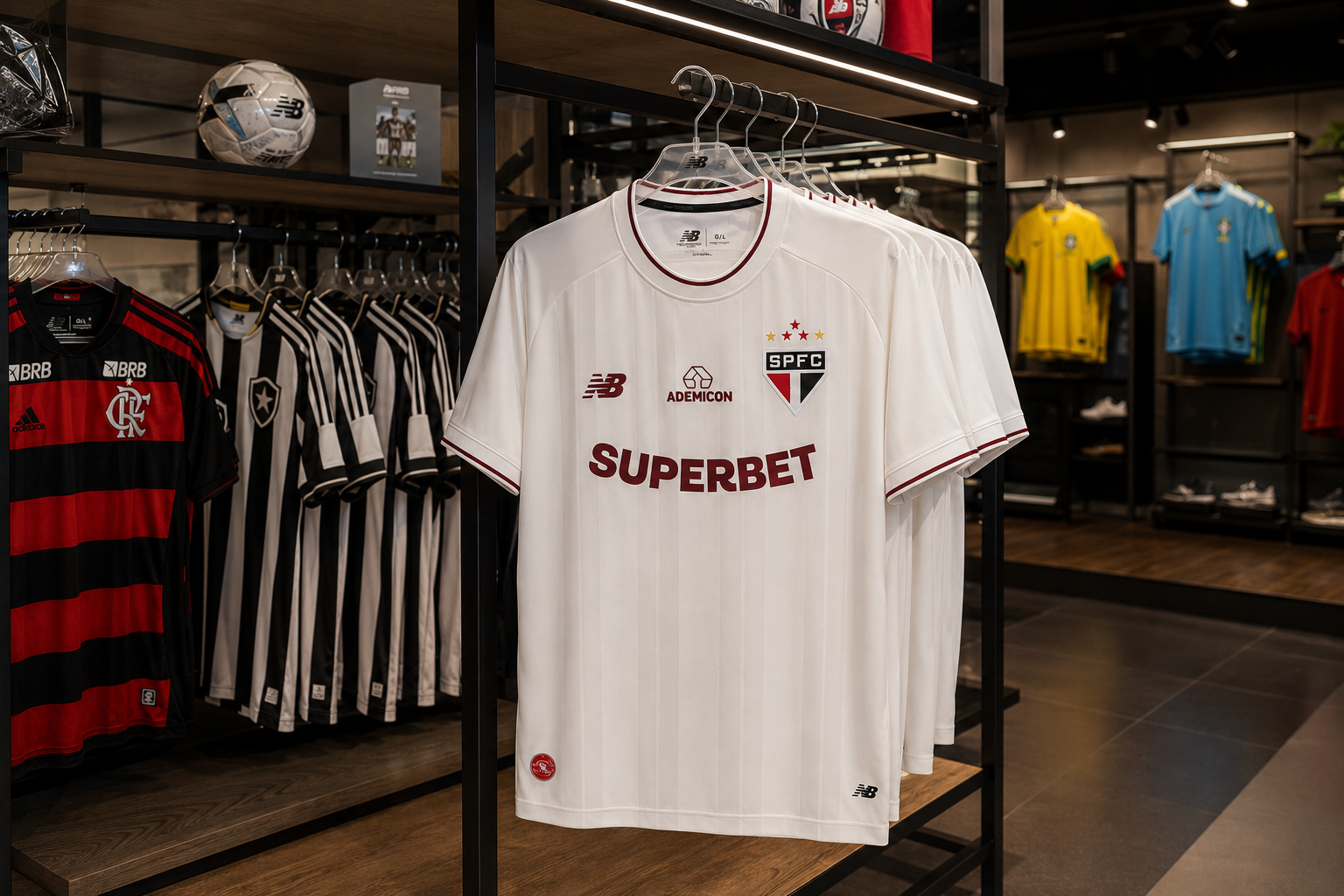 Exemplo de foto de várias camisas de futebol em loja criada com IA