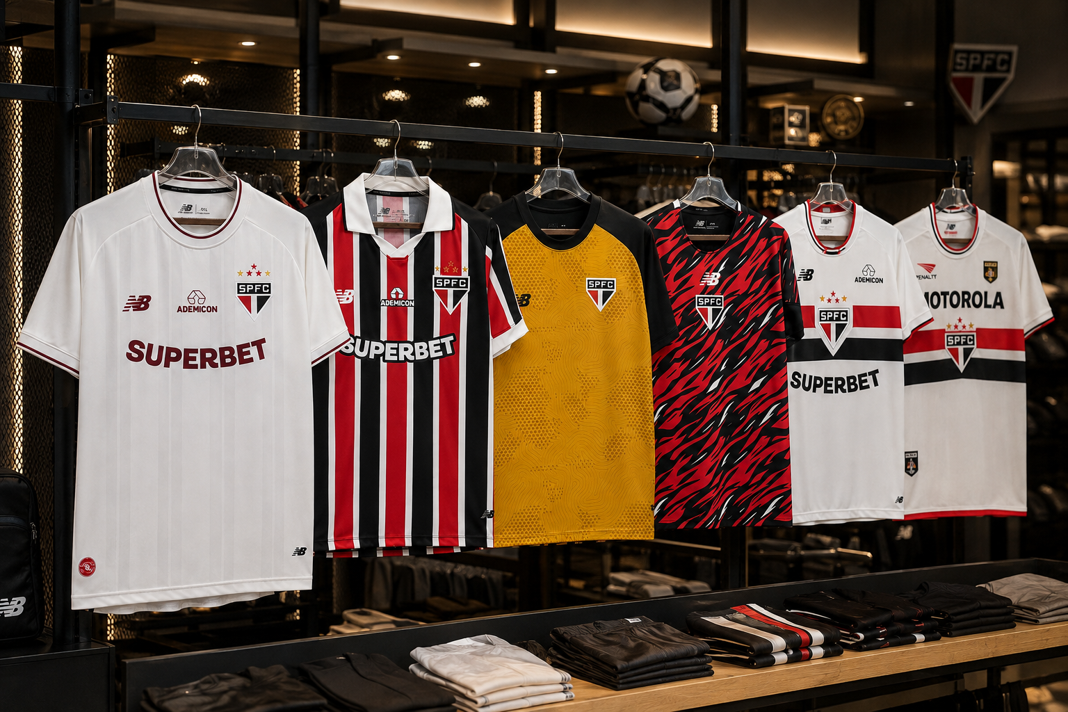 Exemplo de apresentação de camisas de futebol em loja com IA