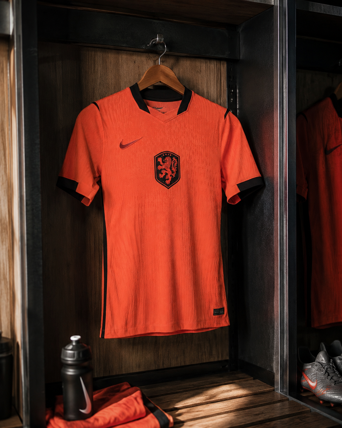 Exemplo de foto de camisa de futebol em vestiário criada com IA